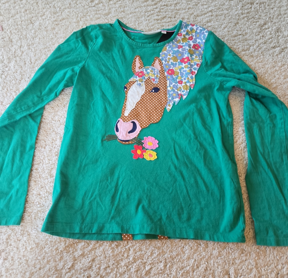 Mini Boden Teal Green Long-Sleeve Top with Floral Horse Appliqué